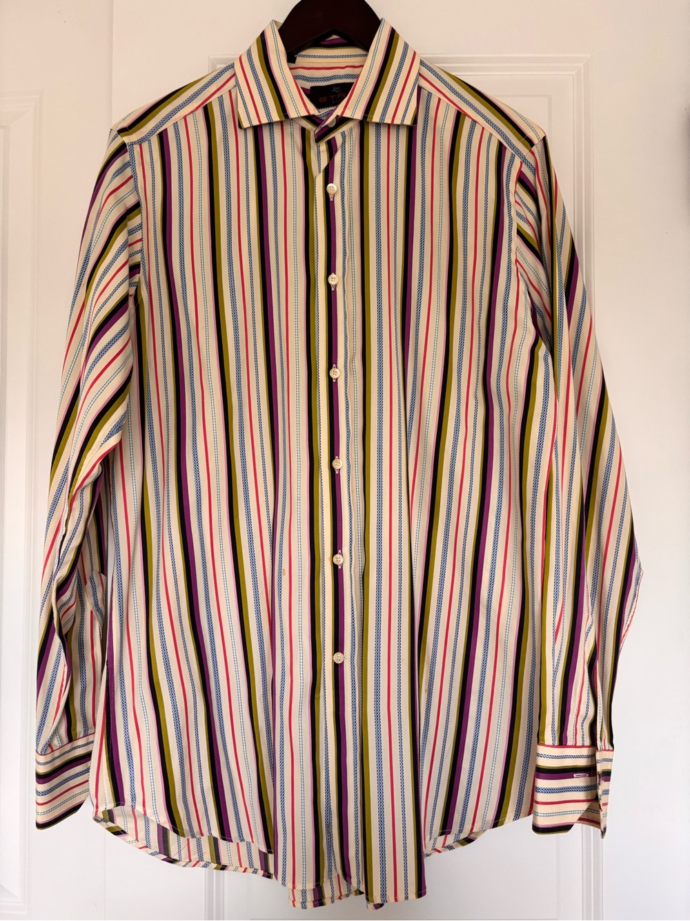 Etro Men’s Multistripe Long-Sleeve Dress Shirt - Cream with Colorful Stripe